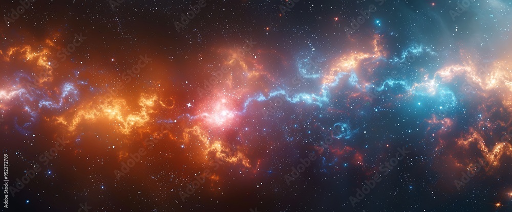 Fototapeta premium Abstract cosmic background with glowing streaks of light in orange and blue hues.