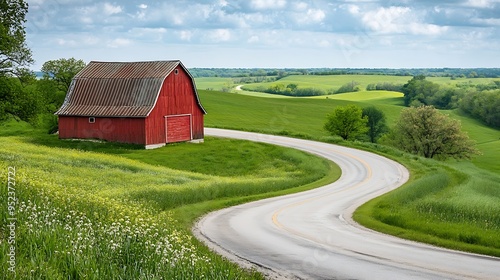 Farm with a red barn on a curving road in the Iowa countryside on a beautiful spring day : Generative AI