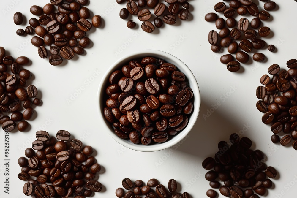 Aerial Perspective of Distinctive Coffee Beans Arranged on White Background Aerial Perspective of Distinctive Coffee Beans Arranged on White Background
