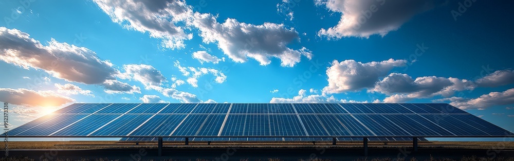 Solar Panels Against Blue Sky and Fluffy Clouds Solar Panels Against Blue Sky and Fluffy Clouds