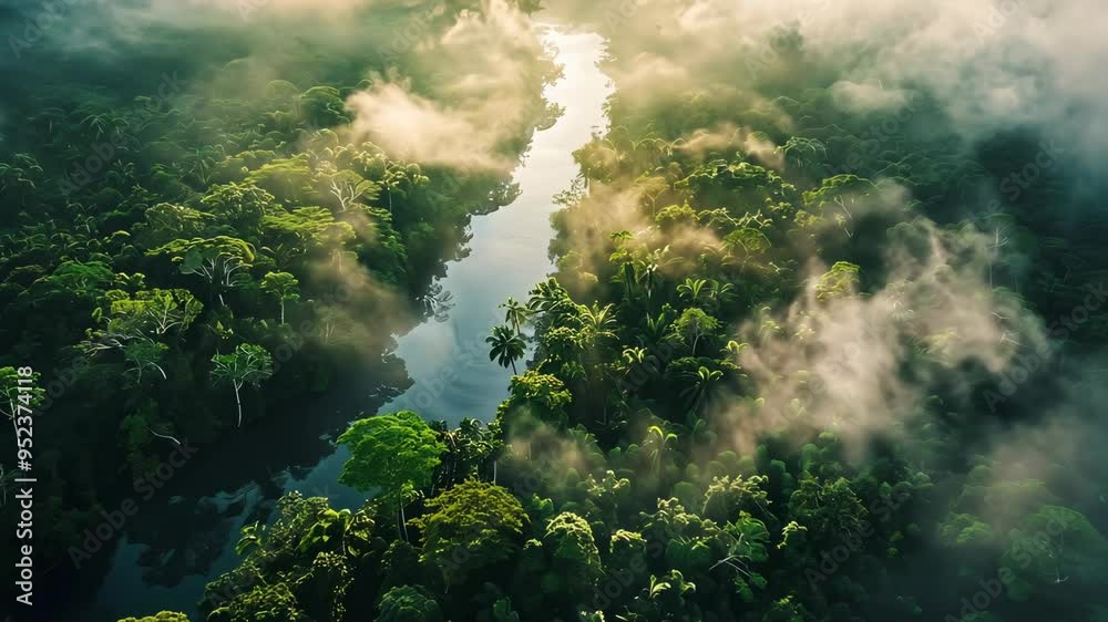 Explore the lush Amazon rainforest with a river winding through misty treetops during a serene morning haze Explore the lush Amazon rainforest with a river winding through misty treetops during a serene morning haze