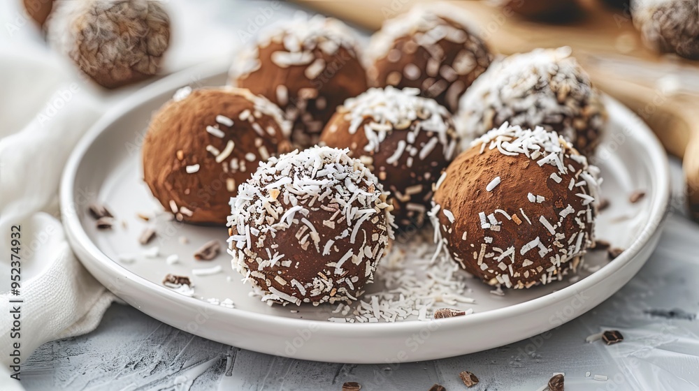 Vegan chocolate truffles made with dates coconut flakes and oats served on a white plate Vegan chocolate truffles made with dates coconut flakes and oats served on a white plate