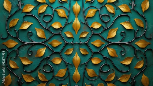 Seamless leaf pattern wall with green and yellow autumn leaves background.