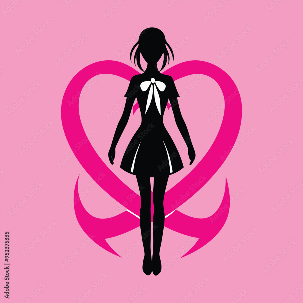 Obraz premium A silhouette of a strong woman standing tall with the pink ribbon prominently featured, symbolizing resilience