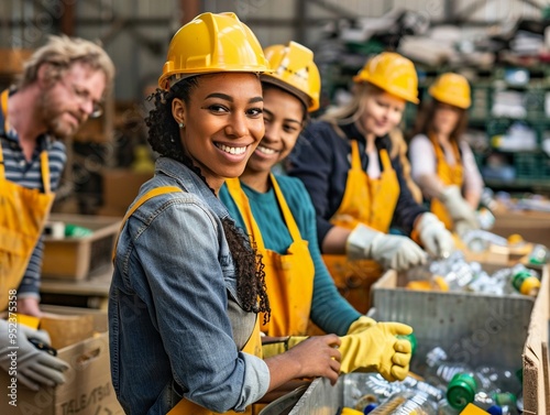 Business professionals volunteering at a recycling center photo