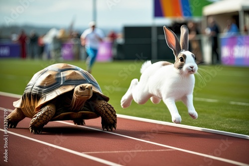 Whimsical Tortoise Duo with a Bunny in a Sprinting Event photo