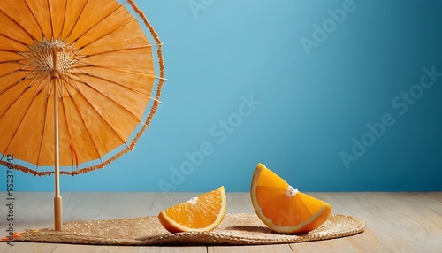 colorful Orange parasol umbrella and black bamboo straw in half an orange 1 photo