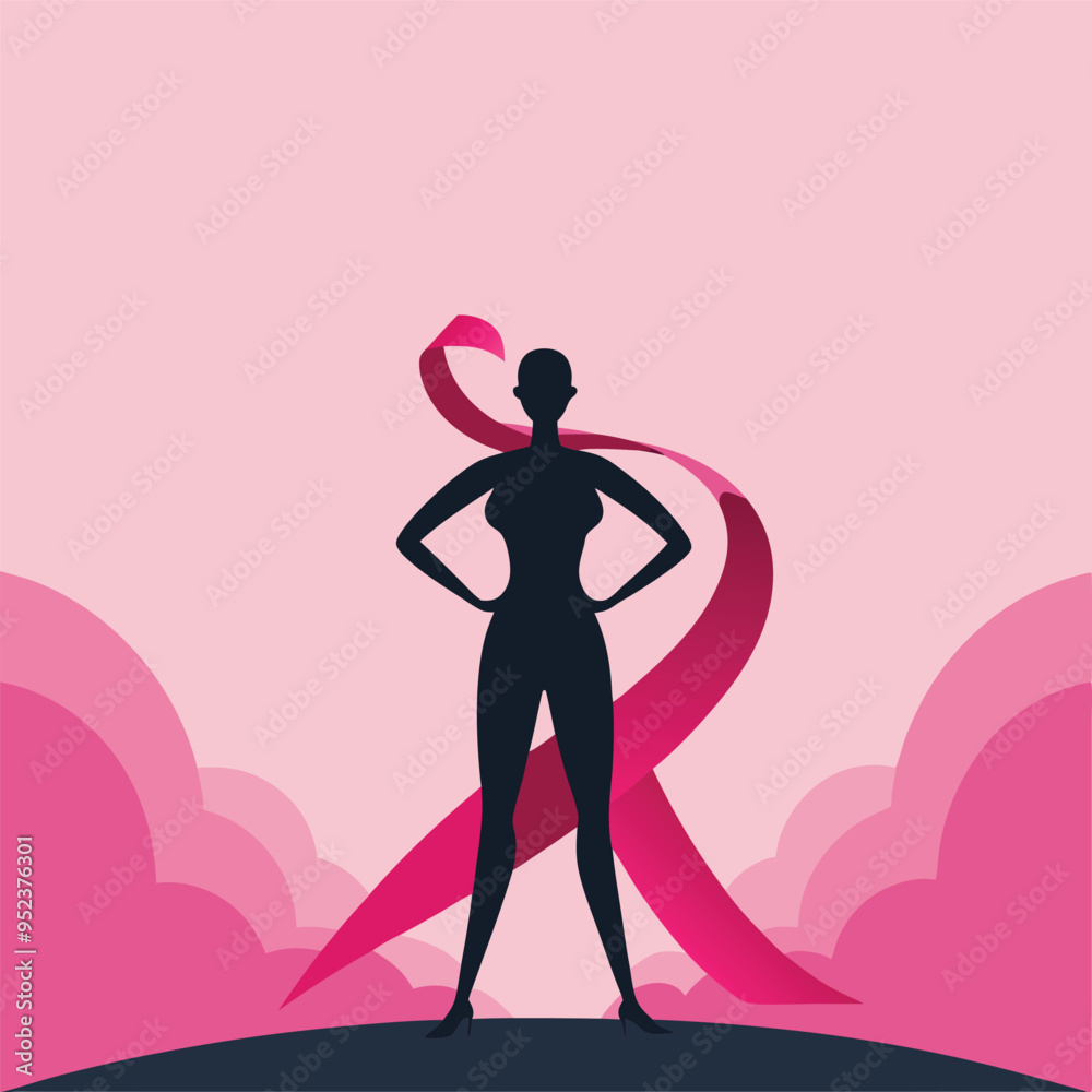A silhouette of a strong woman standing tall with the pink ribbon prominently featured, symbolizing resilience A silhouette of a strong woman standing tall with the pink ribbon prominently featured, symbolizing resilience