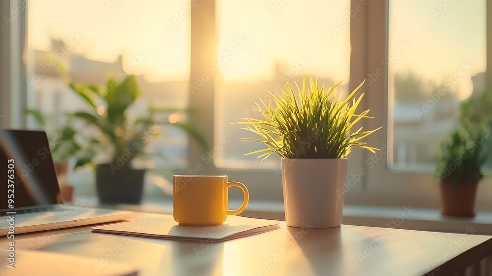 Fototapeta premium Cozy Home Office with Minimalist Desk Setup and Warm Sunrise Light