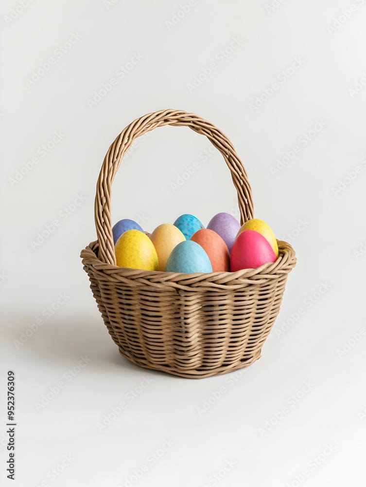 Wicker Easter Egg Basket with Colorful Dyed Eggs on Pristine White Background Wicker Easter Egg Basket with Colorful Dyed Eggs on Pristine White Background