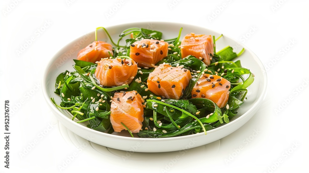 Wakame salad with salmon cubes on white background