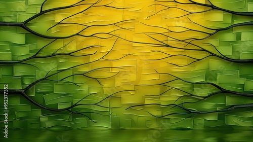 Seamless leaf pattern wall with green and yellow autumn leaves background.