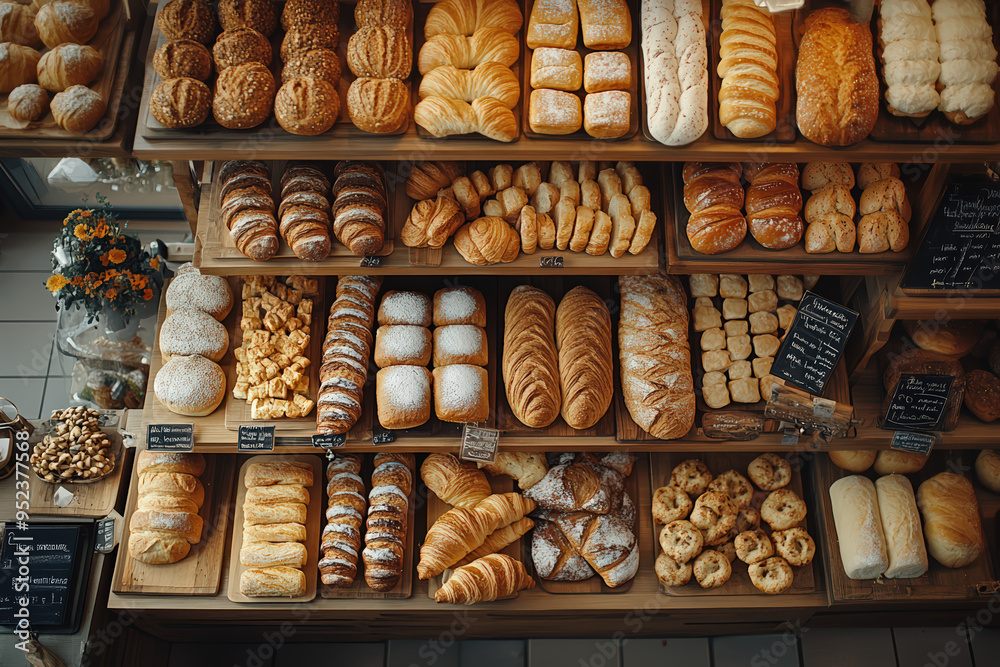 Variety of freshly baked bread and pastries displayed in a cozy bakery, inviting customers with delicious aromas. Variety of freshly baked bread and pastries displayed in a cozy bakery, inviting customers with delicious aromas.
