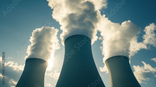 Cooling Towers Emitting Steam in Industrial Power Plant under Clear Sky photo