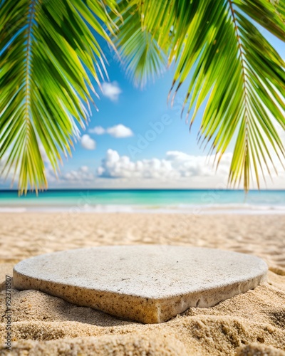 stone podium in sea beach, palm tree sea beach, product podium