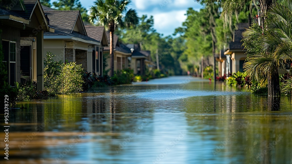 Aftermath of natural disaster Flooded houses by hurricane Ian rainfall in Florida residential area : Generative AI Aftermath of natural disaster Flooded houses by hurricane Ian rainfall in Florida residential area : Generative AI