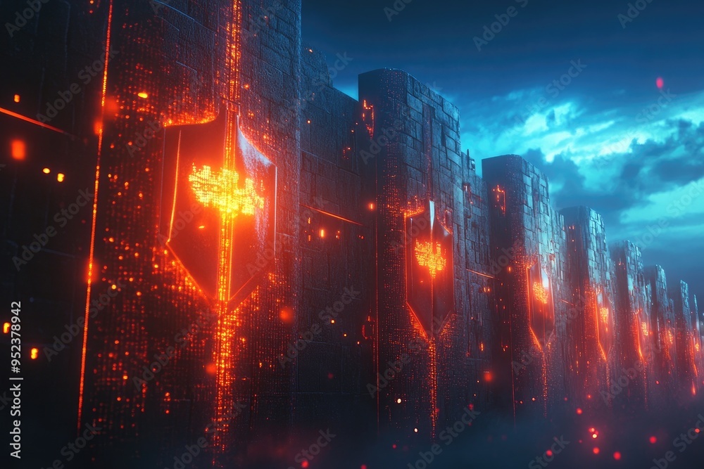 A wall of buildings with glowing red shields on them A wall of buildings with glowing red shields on them