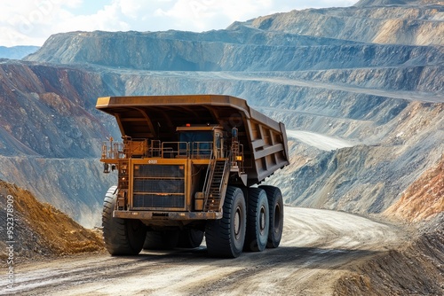 A large truck is driving down a dirt road in a mountainous area