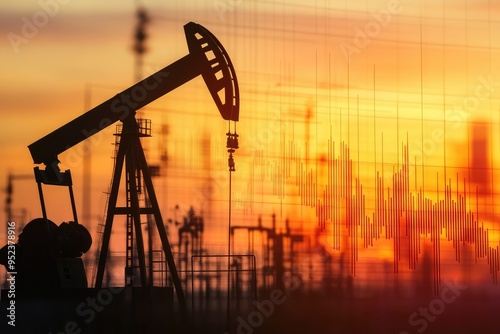 A large oil rig is shown in the foreground with a city in the background photo