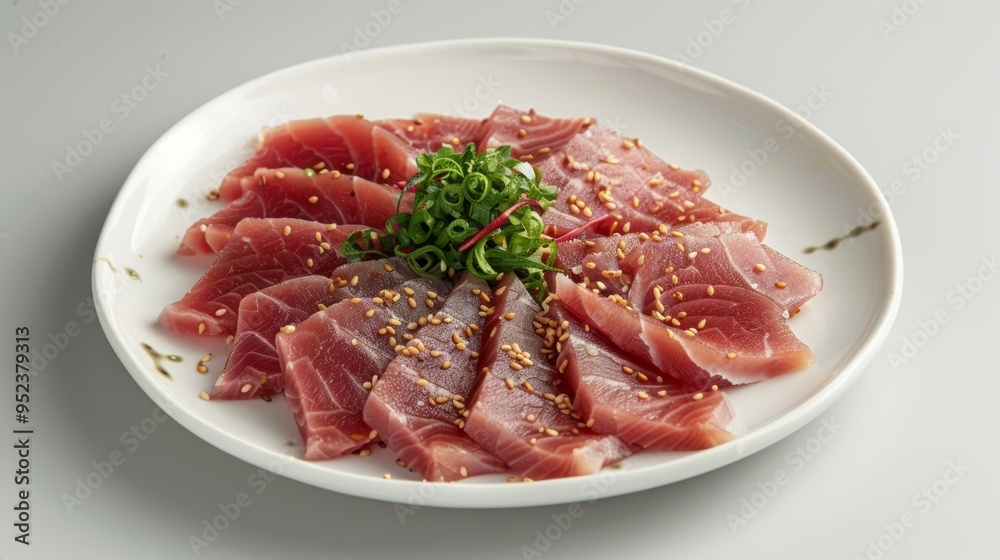 Elegant presentation of thinly sliced tuna garnished with sesame seeds on a white plate Elegant presentation of thinly sliced tuna garnished with sesame seeds on a white plate