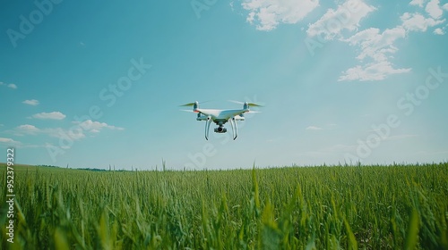 Drone Flying Over Green Field on a Sunny Day with Blue Sky and Clouds photo