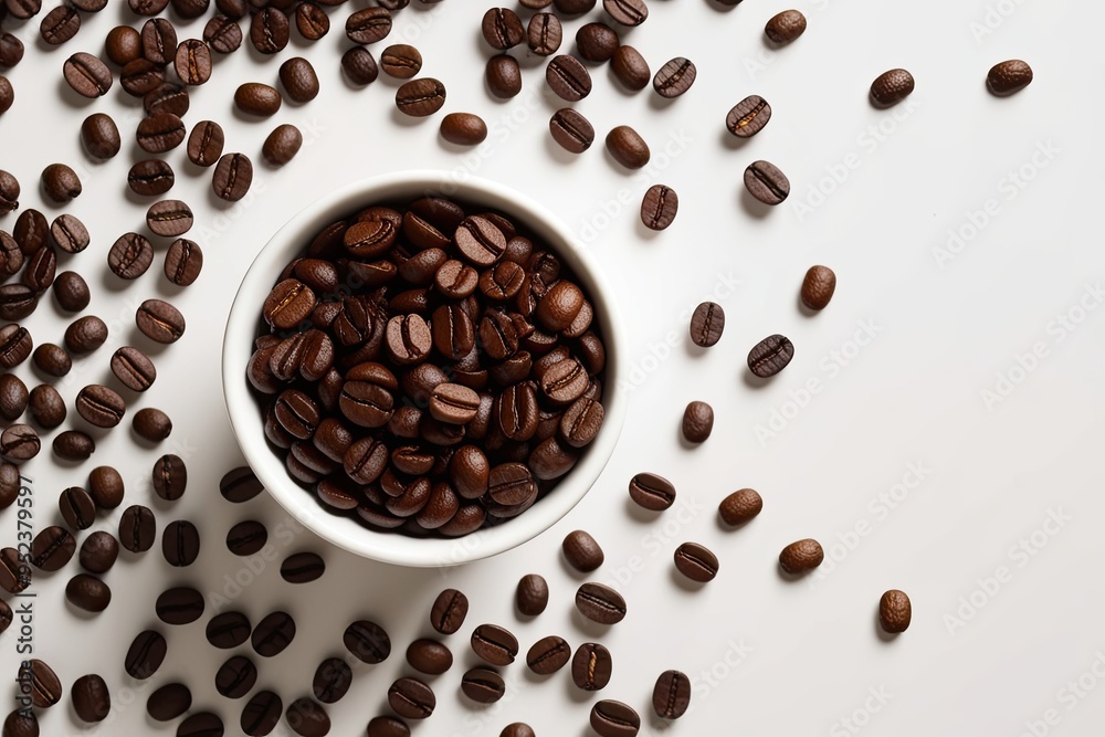Top View of Scattered Coffee Beans on Clean White Background Top View of Scattered Coffee Beans on Clean White Background