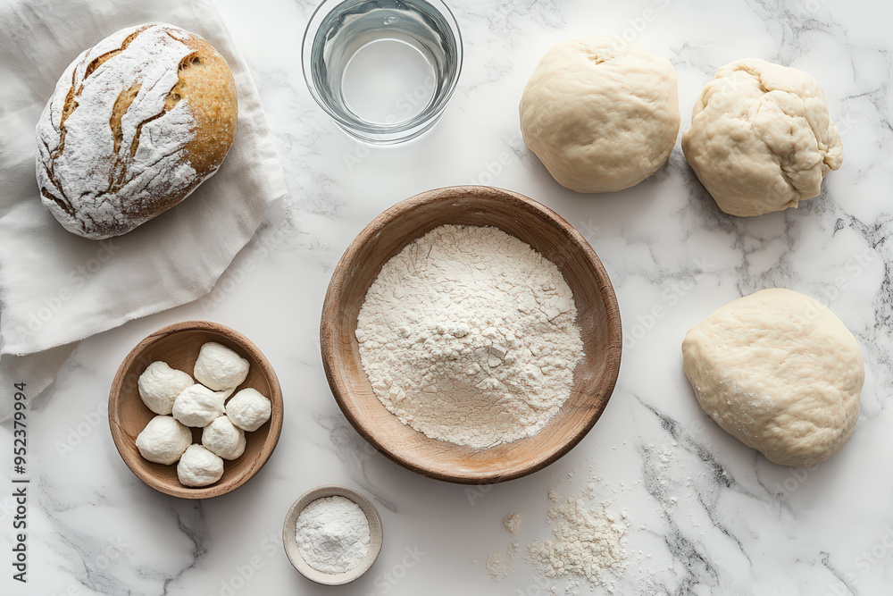 Fototapeta premium An array of baking ingredients including flour, water, and dough on a marble surface ready for preparation.