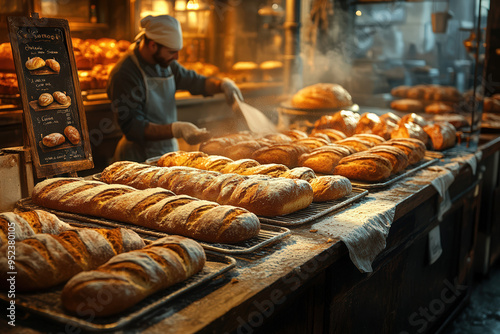 Artisan baker preparing fresh loaves in a warm, cozy bakery with golden light and delicious aromas. photo