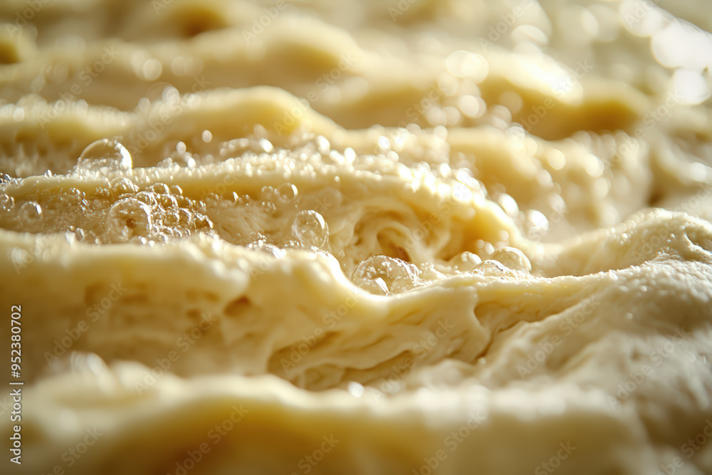 Close-up of bubbling dough illustrating the fermentation process, with a focus on texture and moisture for culinary visual appeal. Close-up of bubbling dough illustrating the fermentation process, with a focus on texture and moisture for culinary visual appeal.