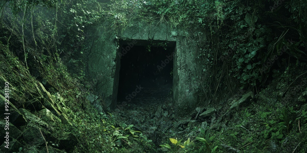 Overgrown stone doorway leading to darkness. Overgrown stone doorway leading to darkness.