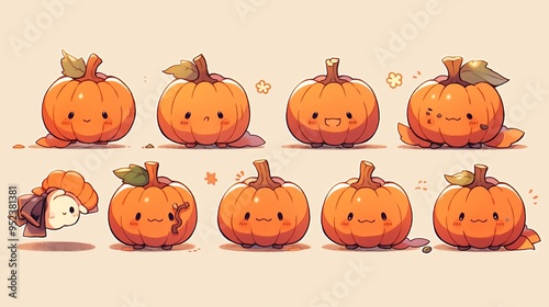 A cute collection of playful pumpkins featuring joyful expressions, perfect for autumn and Halloween-themed designs.