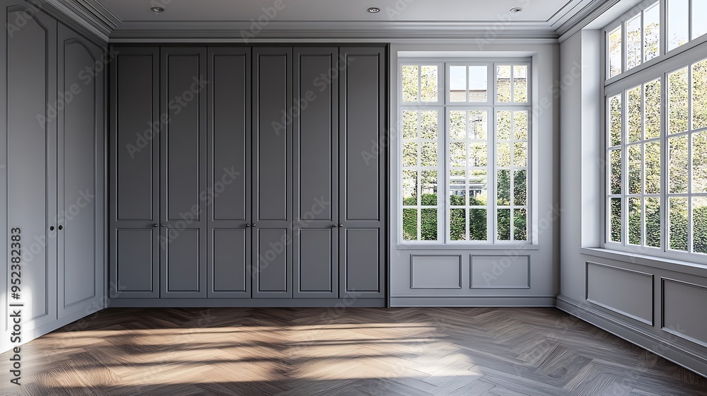 Nice room with large window pine wood floors and builtin wardrobes with gray doors : Generative AI Nice room with large window pine wood floors and builtin wardrobes with gray doors : Generative AI
