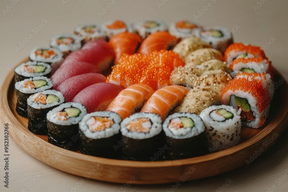 Assorted Sushi Rolls and Nigiri on Wooden Plate Assorted Sushi Rolls and Nigiri on Wooden Plate