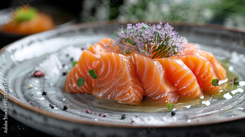 Freshness salmon sashimi sushi fish wasabi japanese food meal decoreated plate in fine dining restaurant course, healthy eating seafood raw food gourmet delicious elegant japan tradition cookery photo