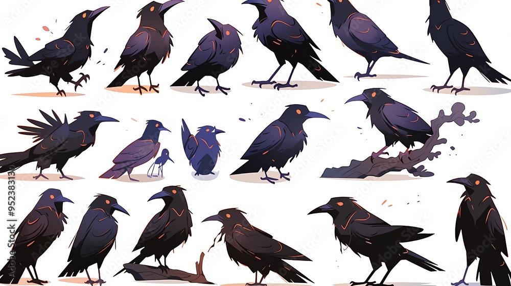 Obraz premium A collection of artistic raven illustrations showcasing various poses and styles, perfect for creative projects.
