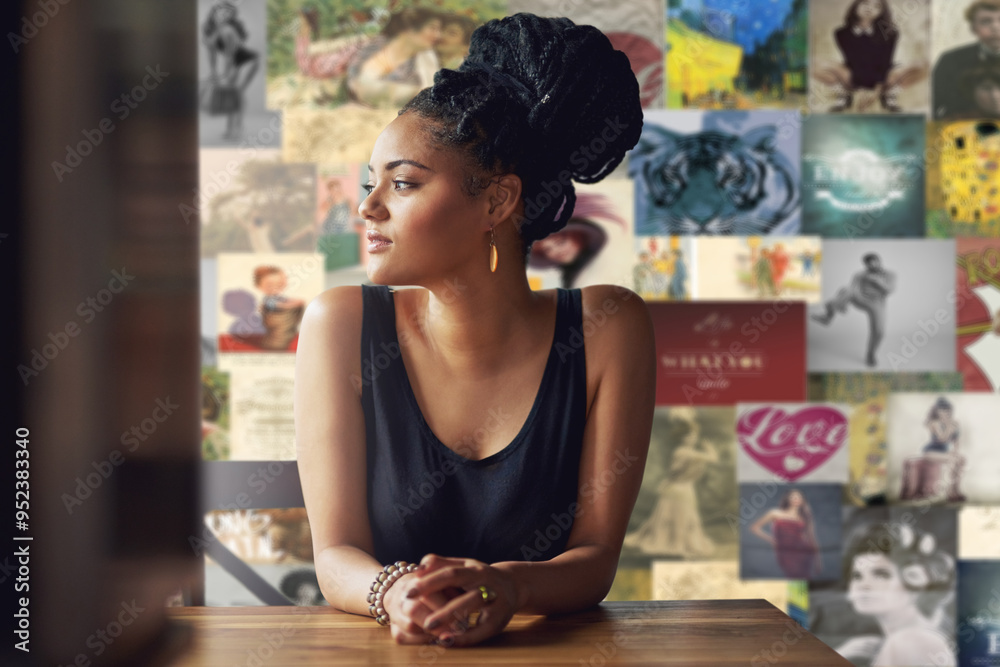 Fototapeta premium Relax, thinking and woman at table in cafe for morning enjoyment, reflection and break on weekend. Pensive, female person and calm with memory at restaurant for vacation, peace and idea on holiday