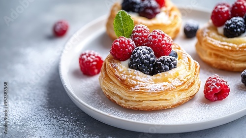 Danish puff pastry cakes with custard cream and fresh berries sprinkled with powdered sugar on a white plate on a concrete background : Generative AI