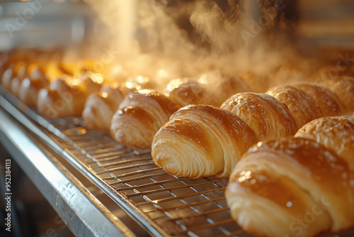 Freshly baked croissants cooling on a wire rack, showcasing golden layers and a warm, inviting ambiance. photo