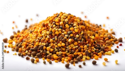 A small mound of colorful bee pollen granules, carefully arranged on a white background. 