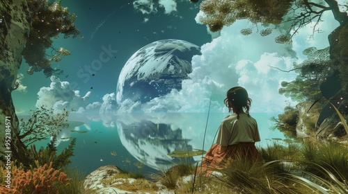 A serene landscape with a girl gazing at a giant planet reflecting in tranquil water, surrounded by vibrant nature and clouds.
