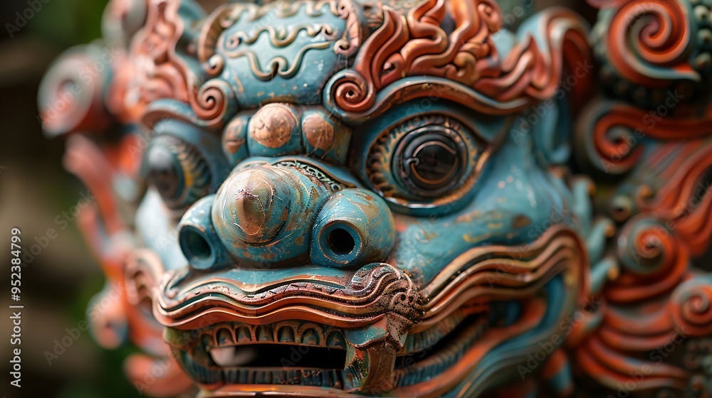 Fototapeta premium Close-up of a blue and red ornate mythical creature statue.