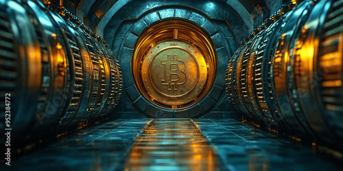 Bank vault door. Safe deposit boxes room in bank vault bitcoin , Generative AI.