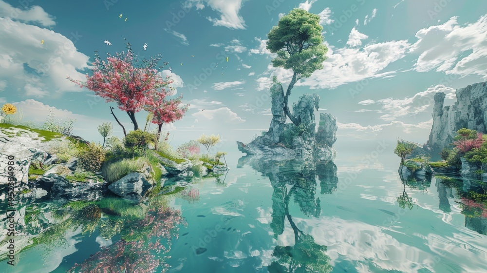 Naklejka premium A serene landscape featuring vibrant trees, calm water, and reflective rocks under a bright sky, perfect for nature enthusiasts.