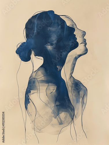 Ethereal duality of a woman in abstract blue tones. photo