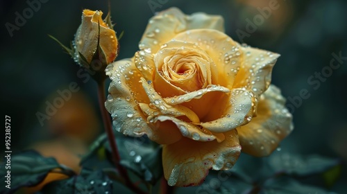 A yellow rose bedecked with droplets of dew stands out against a backdrop of dark green foliage photo