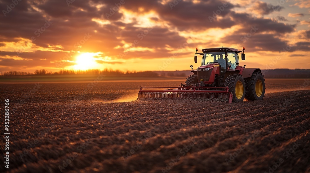 Fototapeta premium a tractor in a field plows the ground at dawn sowing grain sunset sunrise High quality photo : Generative AI