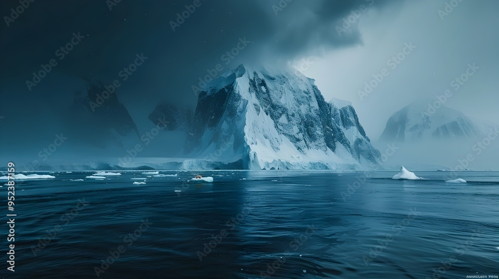 Melting Glacier with Cascading Ice into the Arctic Ocean under Dark Cloudy Skies