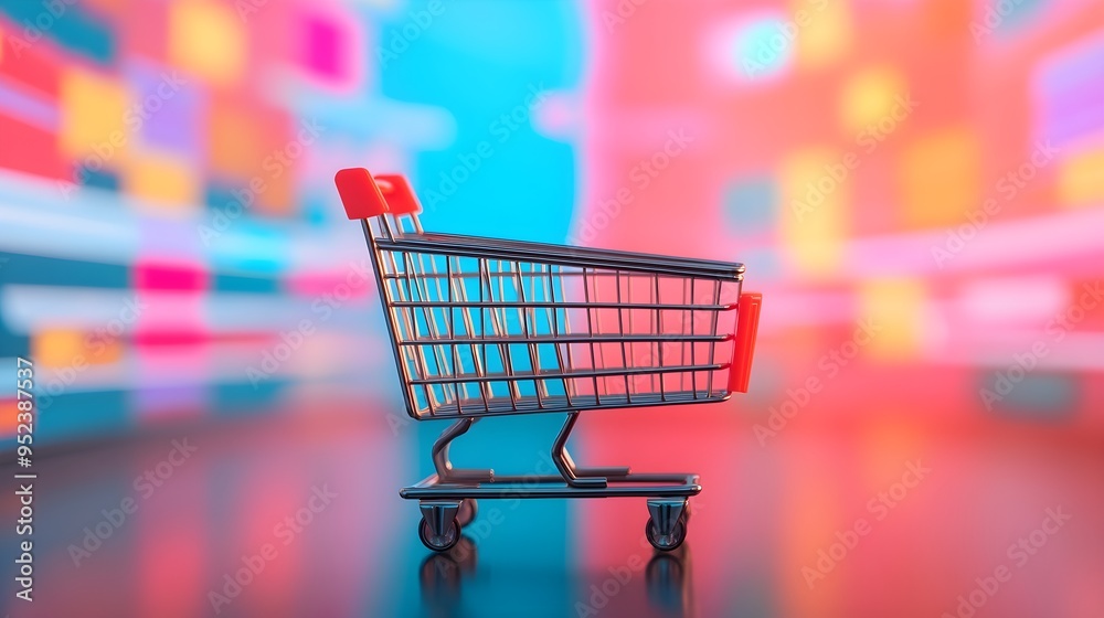 Empty Shopping Cart, Red Handles, Abstract Background Empty Shopping Cart, Red Handles, Abstract Background