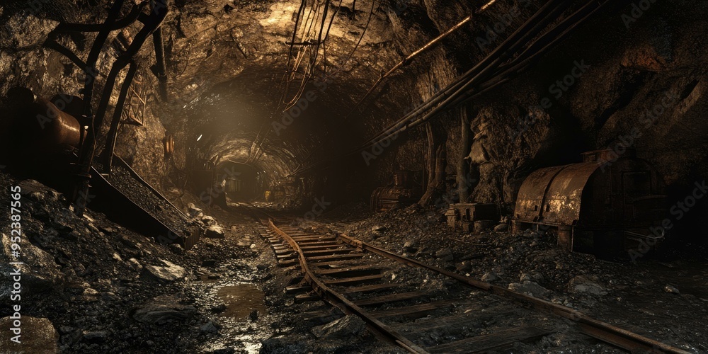 Dark mine tunnel with tracks and old equipment. Dark mine tunnel with tracks and old equipment.