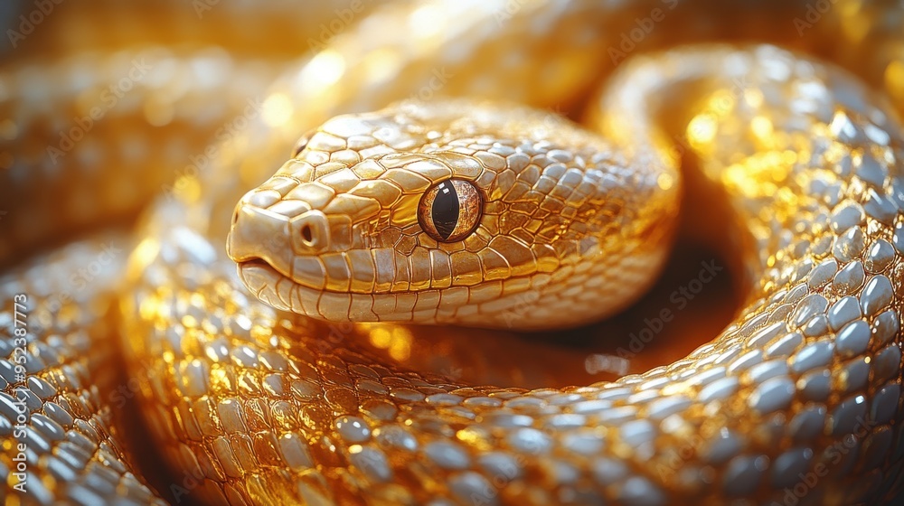 Fototapeta premium 3D abstract background with tangled golden metallic snakes moving, shiny scales texture in macro, looping vertical video continuous sequence